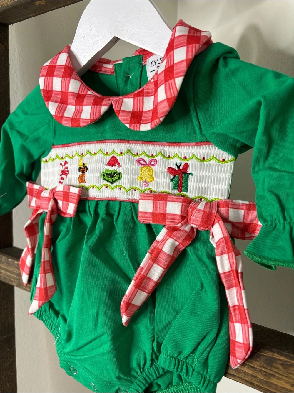 Green Grinch Holiday Smocked Bubble Romper Grinchmas Size 3M